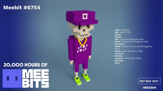 A pixelated voxel character labeled "Meebit #6754" stands wearing a magenta cap and hoodie, gold chain, and neon sneakers, with an attribute list on the right identifying it as a Skeleton-type Meebit from the "20,000 Hours of Meebits" series, EST MAY 2021. The image directly corresponds to the accompanying post highlighting this rare Skele's standout magenta cap (only 65 exist), matching hoodie, and drip accessories.