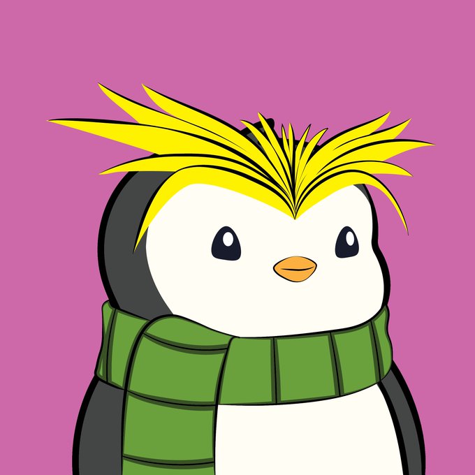 A cartoon penguin with yellow spiky hair and a green scarf against a pink background.