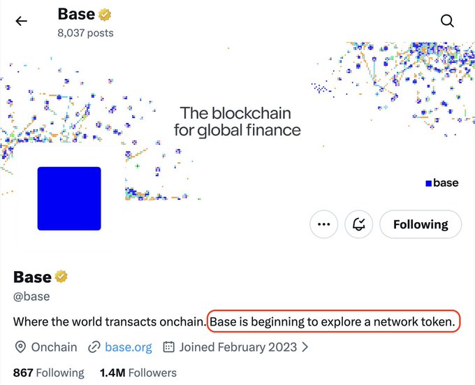The image shows Base's (@base) verified X profile with 1.4M followers, featuring a red circle highlighting its bio line "Base is beginning to explore a network token," which directly corresponds to the post noting Base's status as the longest-running Ethereum L2 still exploring (but not yet issuing) a native token.