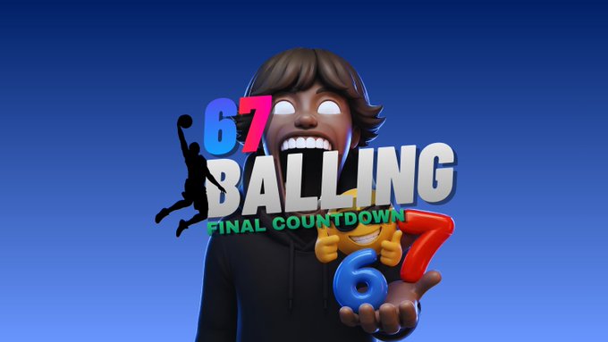 A 3D cartoon character with glowing white eyes and an open-mouthed expression holds brightly colored "6" and "7" numbers, with bold text reading "67 BALLING — FINAL COUNTDOWN" displayed across the image. The graphic visually matches the post's announcement of the contest's final countdown, using the signature "67" numerals to promote the wrap-up and tease the next event.