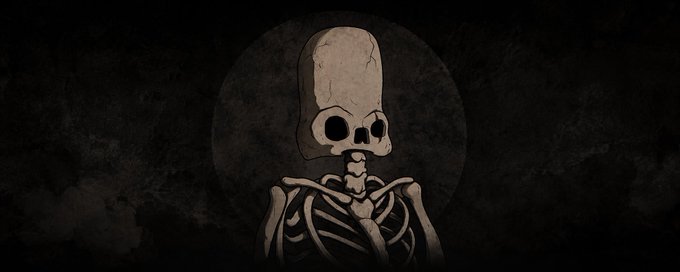 A dark, stylized illustration of a skeletal figure with a skull-like head centered against a textured black background.