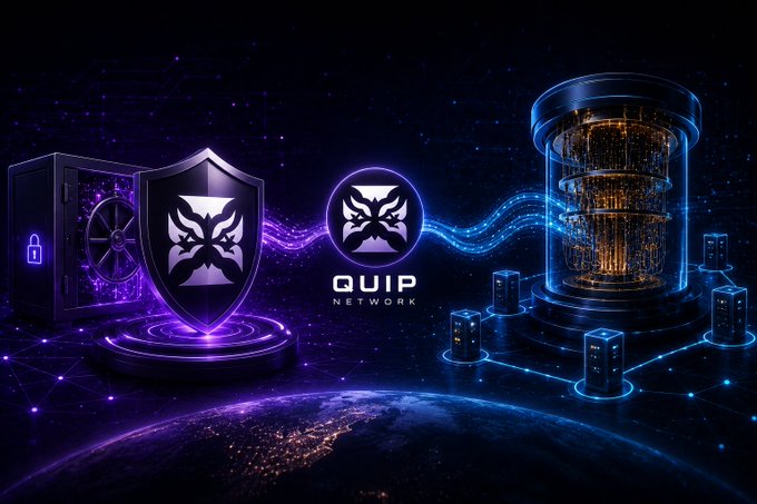 A promotional graphic for 'QUIP NETWORK' featuring a lion shield logo, futuristic servers, and purple/blue neon lighting with a view of Earth below.