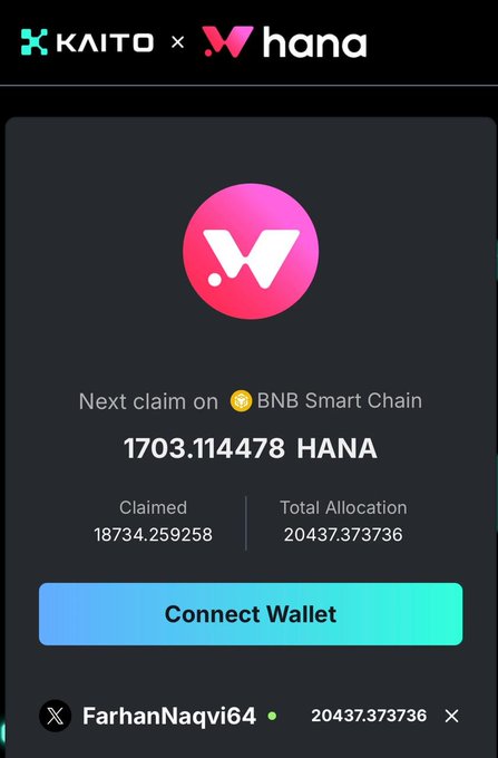 Screenshot of a KAITO x HANA token claim interface showing 1703.114478 HANA available on BNB Smart Chain, with 18734.259258 already claimed and a total allocation of 20437.373736.