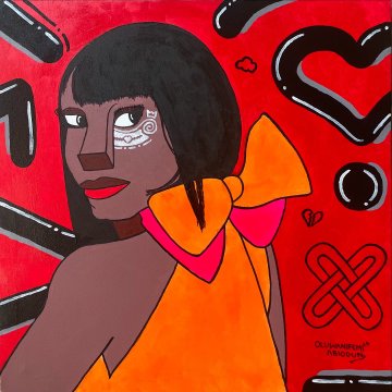 A vibrant illustration of a woman with dark hair and orange clothing against a red background decorated with hearts and symbols.