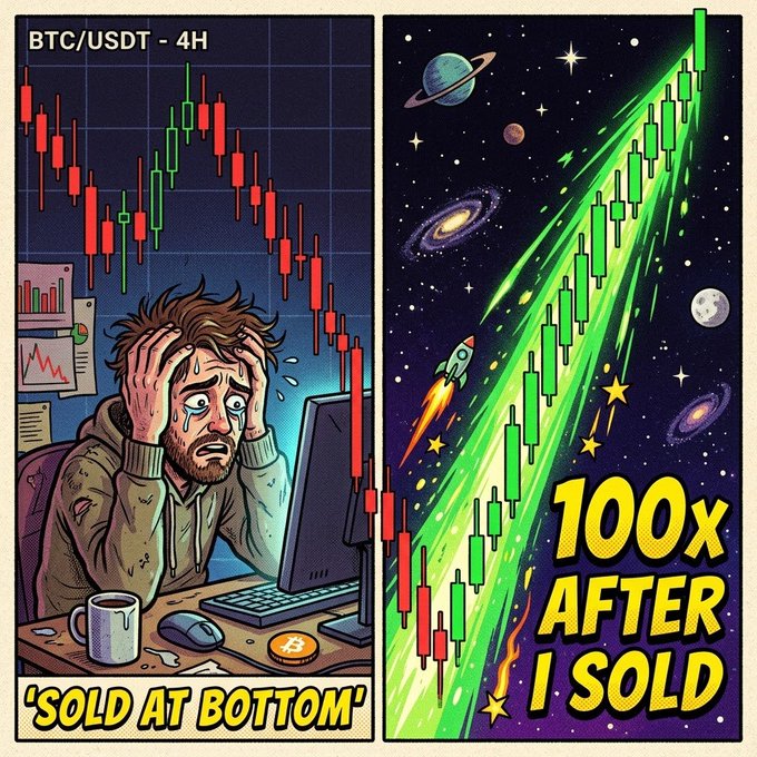 Two-panel cartoon about BTC/USDT: left panel shows a distressed trader who 'sold at bottom' during a downtrend, right panel shows a rocket-like price surge with text '100x AFTER I SOLD'.