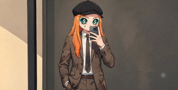An anime-style illustration of a girl with long orange hair wearing a brown suit, tie, and black cap, taking a mirror selfie with a smartphone.