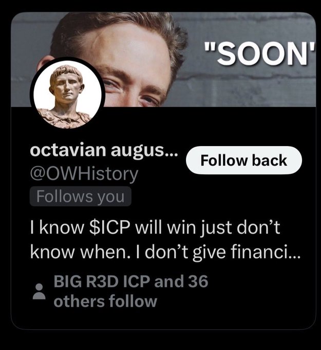 A screenshot of a Twitter profile for 'octavian augus... (@OWHistory)' with a statue profile picture, featuring the text 'SOON' and a bio mentioning $ICP crypto.