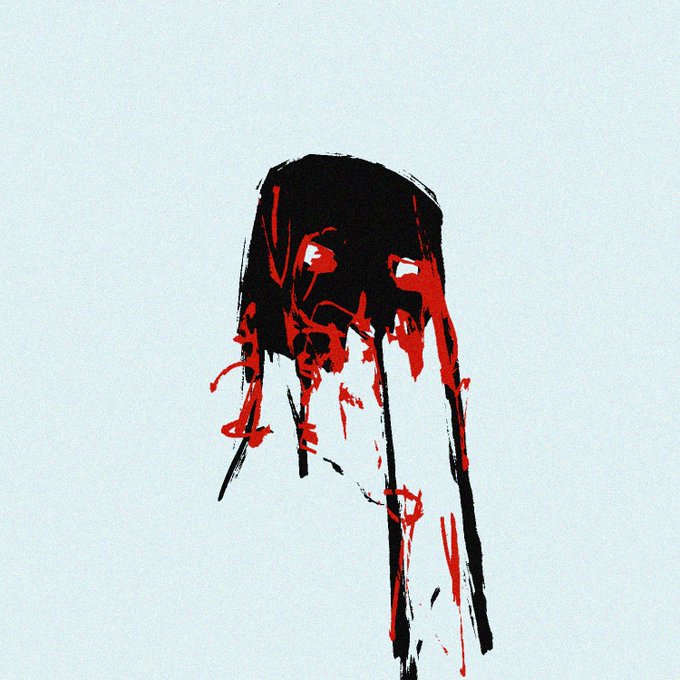 A stylized, high-contrast black and red portrait illustration of a person's face with long hair, rendered in an expressive, sketch-like manner against a light blue background.