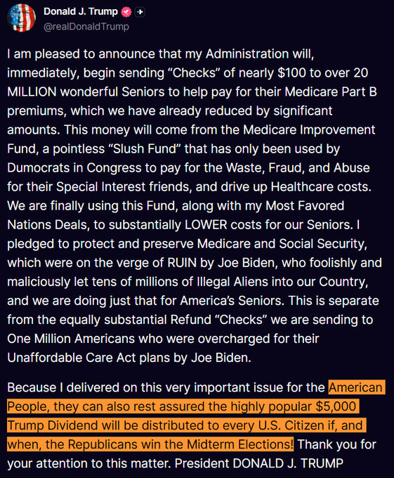 The image shows a tweet from Donald J. Trump (@realDonaldTrump) announcing that his administration will send checks of nearly $100 to over 20 million seniors to help pay Medicare Part B premiums, funded by the Medicare Improvement Fund. The highlighted portion at the end of the tweet states that a "highly popular $5,000 Trump Dividend" will be distributed to every U.S. citizen if Republicans win the Midterm Elections—directly illustrating the accompanying post's claim about Trump's $5,000 payout proposal that could cost roughly $1.58 trillion.