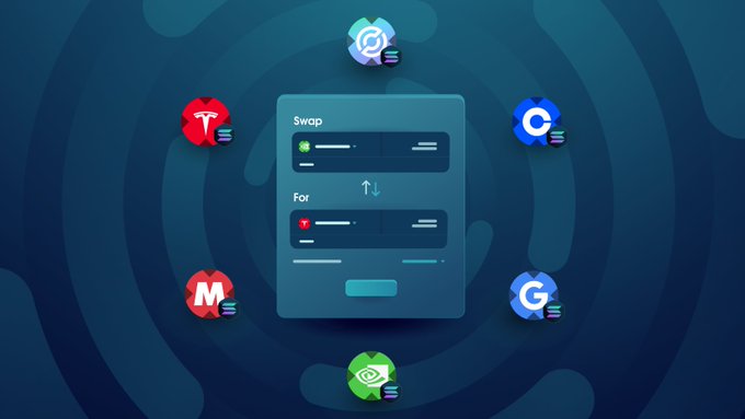 Illustration of a crypto Swap interface surrounded by circular token icons, including Tron, USDC, and others, set against a dark blue background.