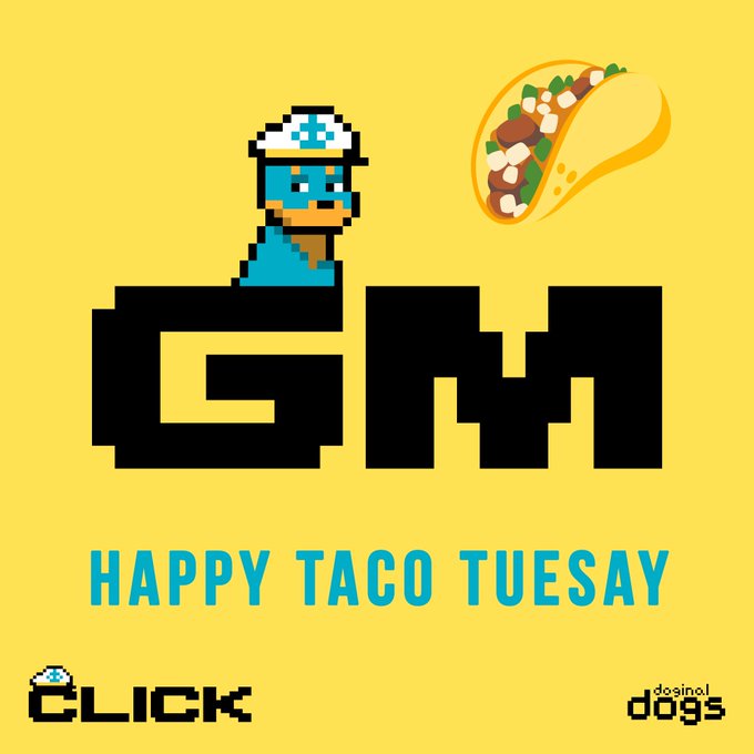 A pixel-art blue dog character wearing a taco-patterned helmet sits atop the bold "GM" letters, with a floating taco in the corner, all set against a bright yellow background featuring the text "HAPPY TACO TUESDAY" and "CLICK" / "dosin9 dogs" branding — capturing the upbeat, "we are so back" morning energy of the crypto community celebrating $SOL crossing $100 again.
