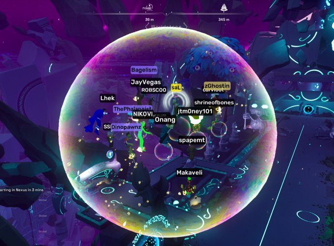 Screenshot of a virtual gathering inside a soap bubble in a colorful, neon-lit digital environment, with usernames like Bagelism, JayVegas, Lhek, and NIKOVI visible as player tags.