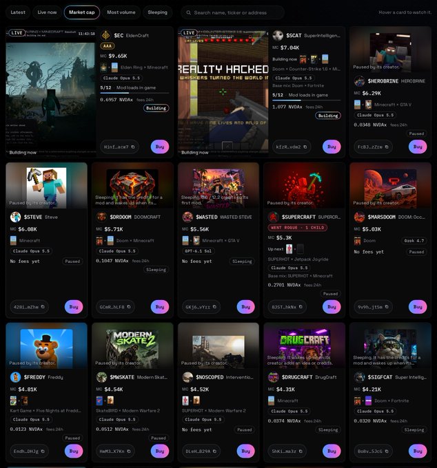 A dark-themed website displays various streaming live game feeds including Minecraft, Doom, and other titles with market caps, fees, and 'Build now' or 'Paused' status indicators.