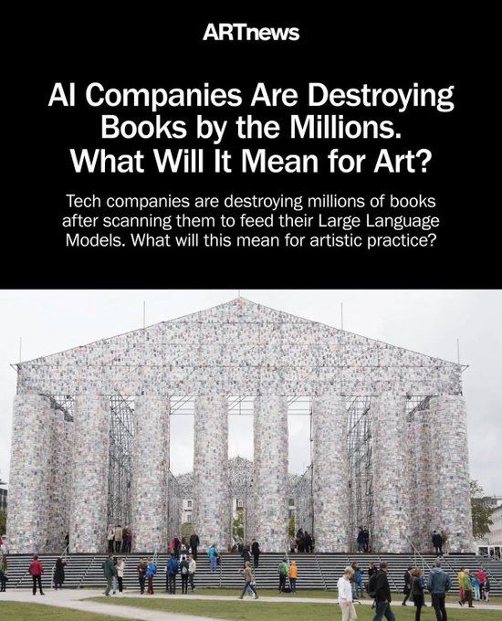 ARTnews headline reading 'AI Companies Are Destroying Books by the Millions. What Will It Mean for Art?' with an image of a building facade made from books.