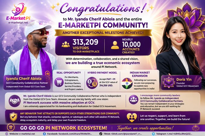 A promotional 'Congratulations!' graphic for E-MarketPi celebrating Mr. Iyanda Cherif Abiola and the community, featuring photos of Iyanda Cherif Abiola and Doris Yin, stats of 313,209 visitors and nearly 10,000 accounts, and details about Indian market expansion and hybrid payment models.