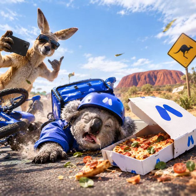 A whimsical scene features a kangaroo wearing sunglasses taking a selfie while riding a blue bicycle, with a koala in a blue helmet lying beside a Dominos pizza box on a road near Uluru.