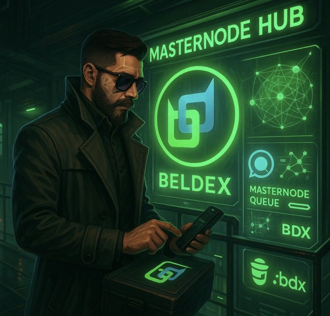 A masked figure inspects a device at a glowing "MASTERNODE HUB" terminal displaying the Beldex logo, "MASRNODE QUEUE," and the BDX ticker, visually echoing the post's theme of Beldex masternodes as the privacy-powered backbone of the network that pay users to operate them.