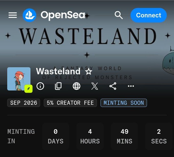 A screenshot of the OpenSea NFT marketplace showing the "Wasteland" collection page featuring a fantasy world of rejected monsters, with details like a September 2026 date, a 5% creator fee, and a "Minting Soon" countdown timer.