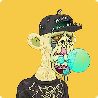 The image features a cartoon monkey with a face painted on its head wearing a hat that has a skull design. The monkey appears to be holding a blue bubble gum, which is placed near its mouth. The background of the image is yellow, providing a contrasting color for the monkey and the bubble gum. The caption at the bottom of the image reads: "Have to take my first ever @BoredApeYC mutant as the pfp!! Apes Quirkies Following back all apes that follow me!!! #NewProfilePic".