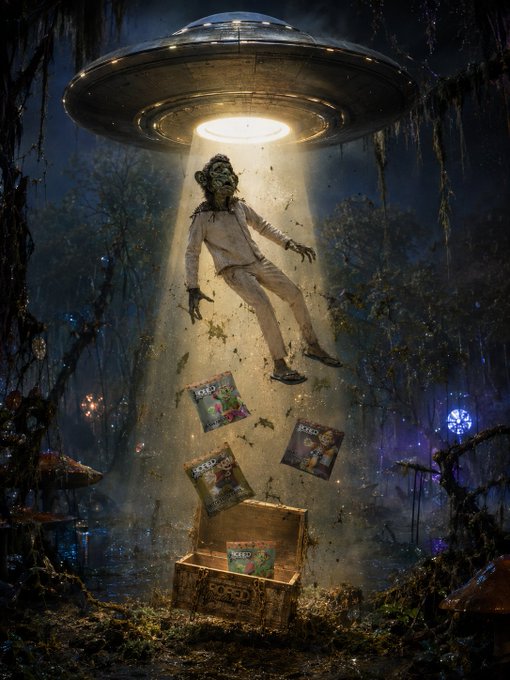 An AI-generated image depicts a UFO beaming up a person in a dark forest, with magazines labeled 'ICED' floating from a treasure chest below.
