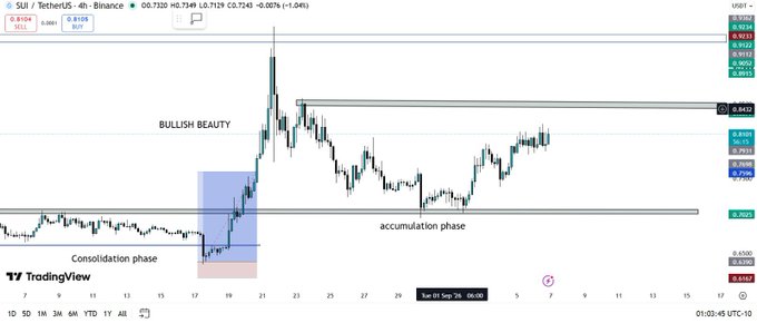A TradingView chart for SUI/USDT on Binance showing price action with annotations marking a "Consolidation phase," "BULLISH BEAUTY" breakout, and "accumulation phase," with current price around 0.7129.