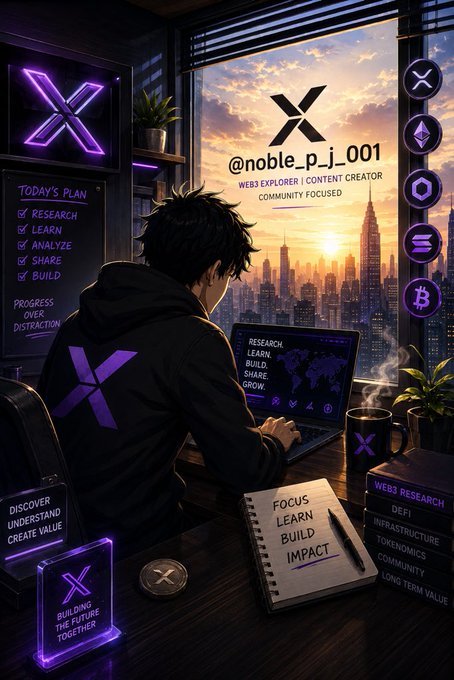 A young man in a black hoodie with a purple "X" logo works on a laptop at a desk overlooking a sunset cityscape, surrounded by neon-lit "X" branding and Web3-themed icons (Ethereum, Bitcoin). Visible text includes "@noble_p_j_001," "WEB3 EXPLORER | CONTENT CREATOR | COMMUNITY FOCUSED," a "TODAY'S PLAN" checklist (Research, Learn, Analyze, Share, Build), and a notepad reading "FOCUS LEARN BUILD IMPACT" alongside "WEB3 RESEARCH: DeFi, Infrastructure, Tokenomics, Community, Long Term Value." The image visually reinforces the post's message of disciplined daily dedication to researching, learning, and building in Web3 rather than chasing trends.