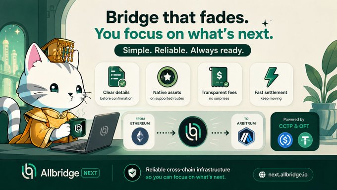 An advertisement for Allbridge Next, a cross-chain bridge service featuring a cartoon cat, highlighting features like clear details, native assets, and transparent fees for transferring from Ethereum to Arbitrum.