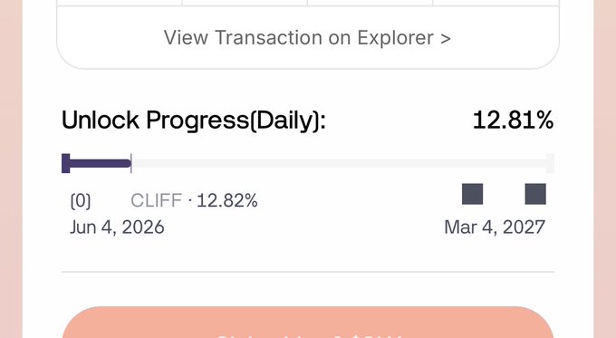 A token unlock tracker showing 12.81% daily unlock progress with a 12.82% cliff between June 4, 2026 and March 4, 2027, suggesting the post is celebrating a monthly claim of $SLX tokens at the current stage of its vesting schedule.