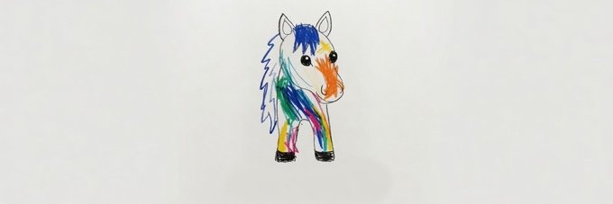 A child's colorful drawing of a rainbow-maned horse serves as the banner image for the Solana token $HOR, creatively depicting the token's name through a playful, hand-drawn illustration of a horse.