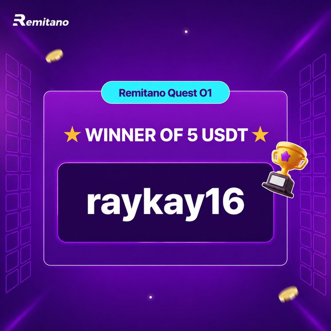 A purple digital announcement graphic with 'Remitano' branding, declaring 'Remitano Quest O1' and '★ WINNER OF 5 USDT ★' for the user 'raykay16', accompanied by a gold trophy icon.