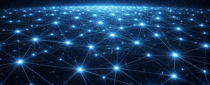 An abstract digital illustration depicts a network of glowing blue nodes connected by luminous lines, resembling a futuristic neural network or cosmic web.