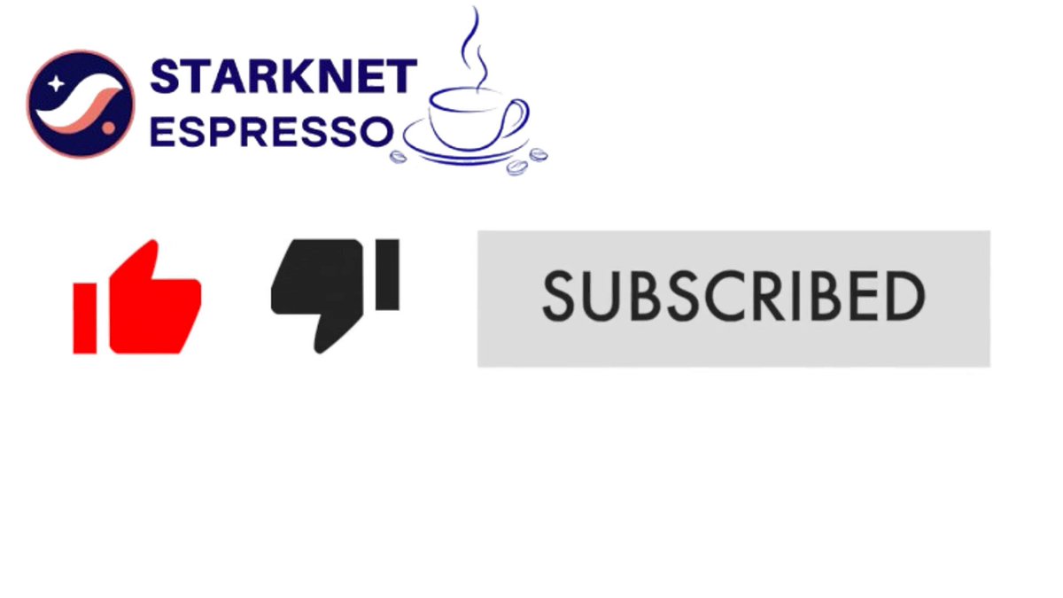 The image features a white background with black text that reads "Subscribed" at the bottom right corner. Below this, there are two thumbs up icons and one thumbs down icon. The text "Starknet Espreso" is displayed in blue letters above the thumbs up icons. In the top left corner of the image, there's a small logo for Bitcoin that reads "@thenewgold_btc".
