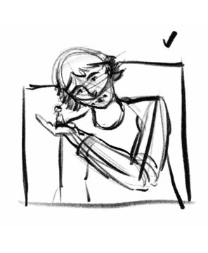 A rough sketch showing a figure with short hair holding out their hand, with a checkmark visible in the upper right corner.