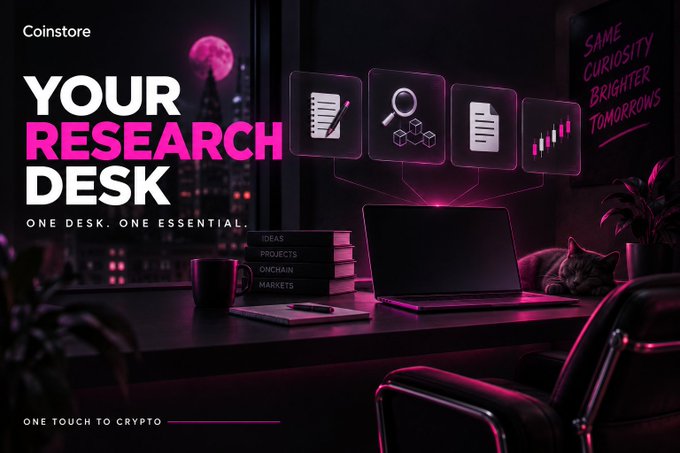 A promotional graphic for 'Coinstore' titled 'YOUR RESEARCH DESK' with the tagline 'ONE DESK. ONE ESSENTIAL.', featuring a dark desk setup with a laptop and neon pink accents.