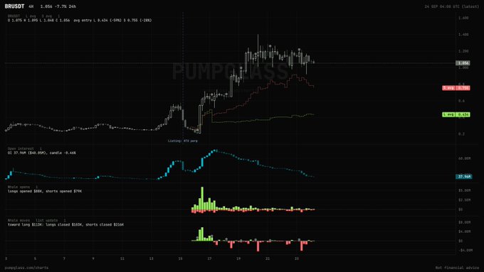A cryptocurrency trading chart showing BRUSDT pair with a significant price spike labeled 'PUMP MASS' in late September, displaying candlestick patterns, volume indicators, and RSI metrics.