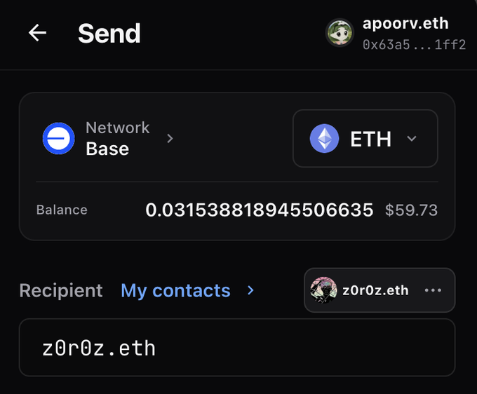 A cryptocurrency 'Send' screen on the Base network for ETH, showing a balance of 0.031538818945506635 ETH ($59.73), with the recipient set to z0r0z.eth.