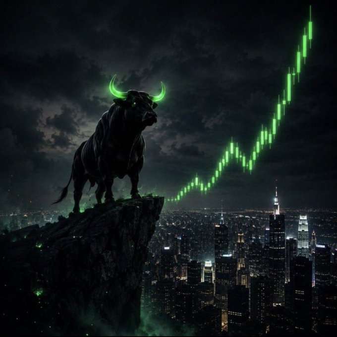 A digital artwork depicts a bull with glowing green horns standing on a rocky peak overlooking a city skyline at night, accompanied by an ascending green stock chart.