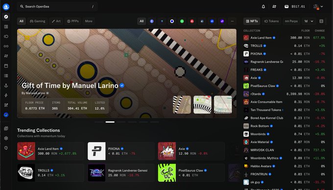 A screenshot of OpenSea NFT marketplace displaying 'Gift of Time by Manuel Lariño' (0.0773 ETH) alongside trending collections including Axie Land, TROLLS, PR0N0, and Ragnarok Landverse.