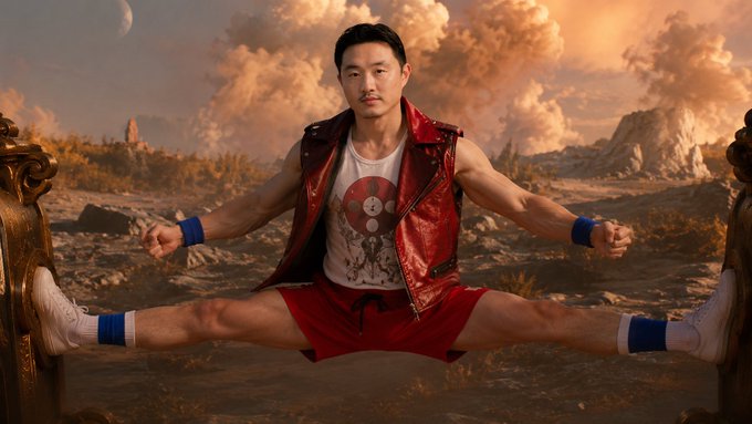 Simu Liu dressed in a red leather vest, white tank top with a red graphic, red shorts, and white sneakers, performing a split on golden chair arms in a desert landscape with dramatic clouds.