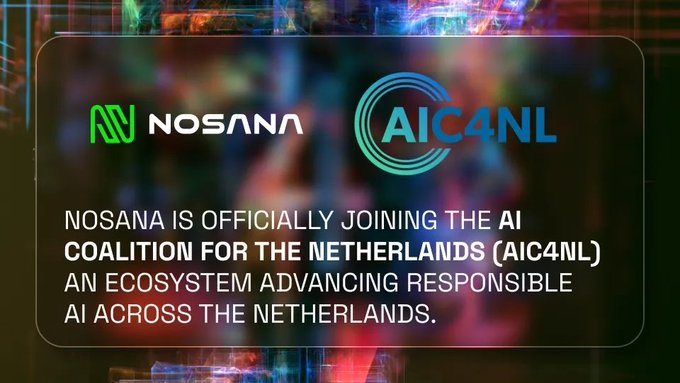 An announcement graphic showing the Nosana and AIC4NL logos, with text stating: 'NOSANA IS OFFICIALLY JOINING THE AI COALITION FOR THE NETHERLANDS (AIC4NL) AN ECOSYSTEM ADVANCING RESPONSIBLE AI ACROSS THE NETHERLANDS.'