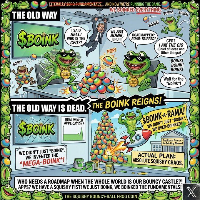 A chaotic, meme-style comic illustration featuring frogs, meme coins labeled '$BOINK' and 'MEME LORD', and satirical text about crypto and boinking fundamentals.