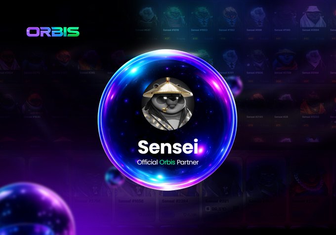 A promotional graphic for "Sensei - Official Orbis Partner" featuring a panda character wearing a straw hat inside a glowing purple/blue orb, with the "ORBIS" logo in the top left.