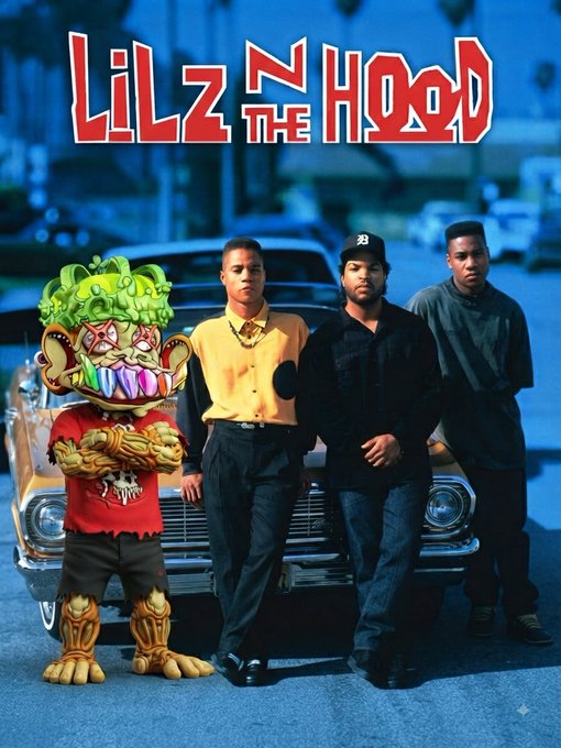 An album cover titled "LiL Z in the Hood" featuring three men and a cartoon troll character standing in front of a classic car.