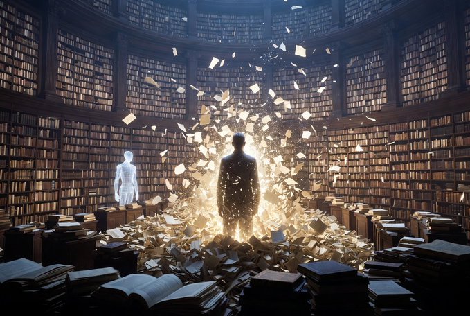 A man stands silhouetted in a vast circular library as pages from countless books swirl around him in a glowing burst, while a translucent holographic figure watches from the left.