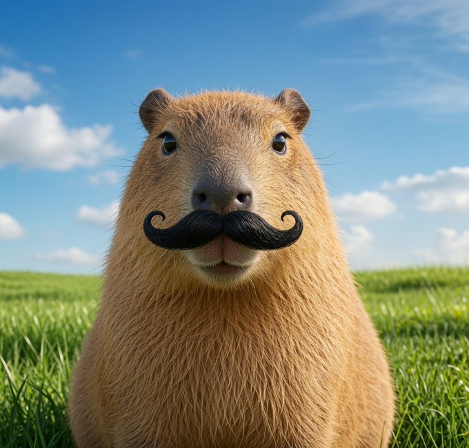 The image features a brown animal with a mustache, possibly a rodent or a small pig, sitting in a grassy field under a blue sky dotted with clouds. The animal has its eyes open and appears to be looking directly at the camera. There is no text present in the image, but it seems that there might be some sort of caption or description related to the photo.