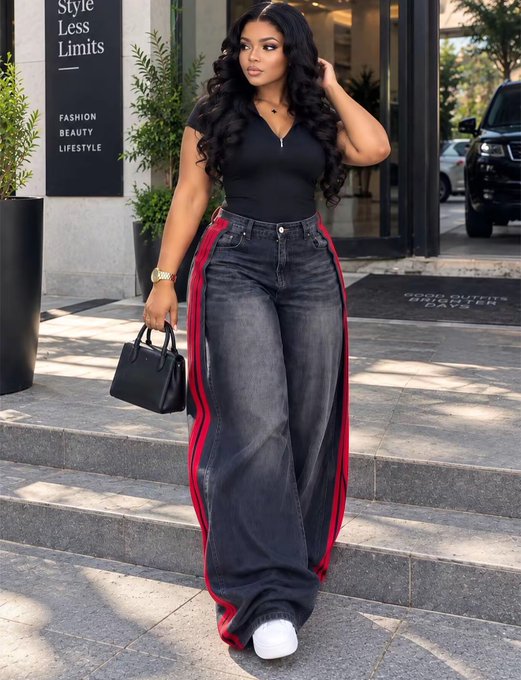 A woman with long dark wavy hair posing outdoors on steps, wearing a black top and dark wide-leg jeans with red side stripes, holding a small black handbag.