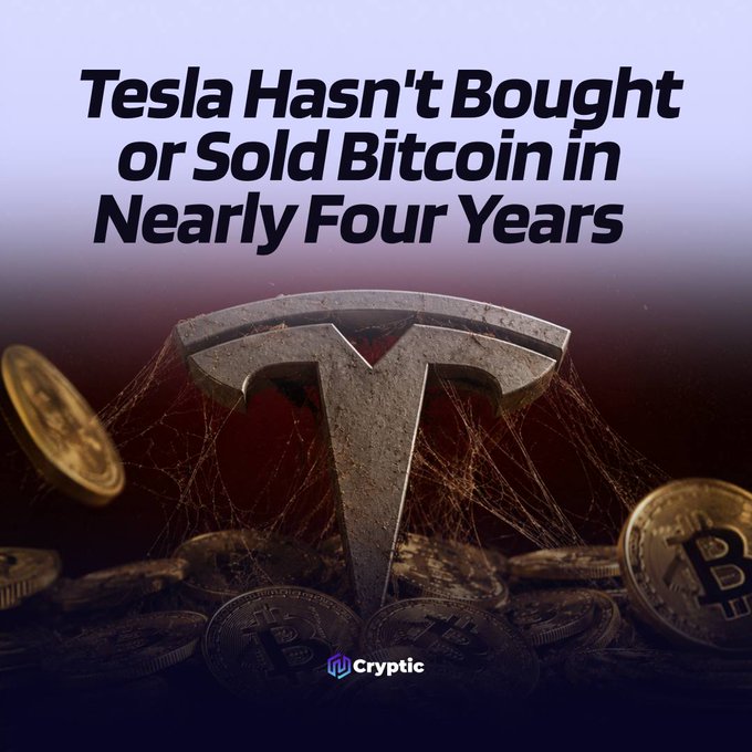 A graphic featuring the Tesla "T" logo surrounded by Bitcoin coins with cobwebs, headlined "Tesla Hasn't Bought or Sold Bitcoin in Nearly Four Years," illustrating the news that Tesla maintained its 11,509 BTC treasury unchanged throughout Q2 2026 since the company's initial $1.5 billion Bitcoin purchase in 2021.