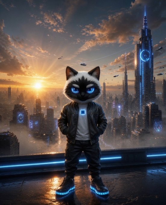 Digital art of an anthropomorphic white cat with glowing blue eyes wearing a black leather jacket and sneakers, standing on a rooftop overlooking a futuristic cyberpunk cityscape at sunset with neon lights and flying vehicles.