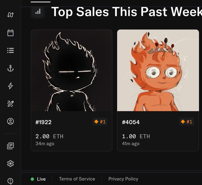 A 'Top Sales This Past Week' display showing two NFT transactions: item #1922 sold for 2.00 ETH 34 minutes ago, and item #4054 sold for 1.00 ETH 41 minutes ago.