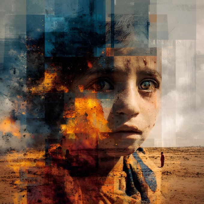 A surreal digital collage artwork combining a close-up of a young boy's face with desert landscape imagery, fiery orange explosions, and a small distant figure in red.